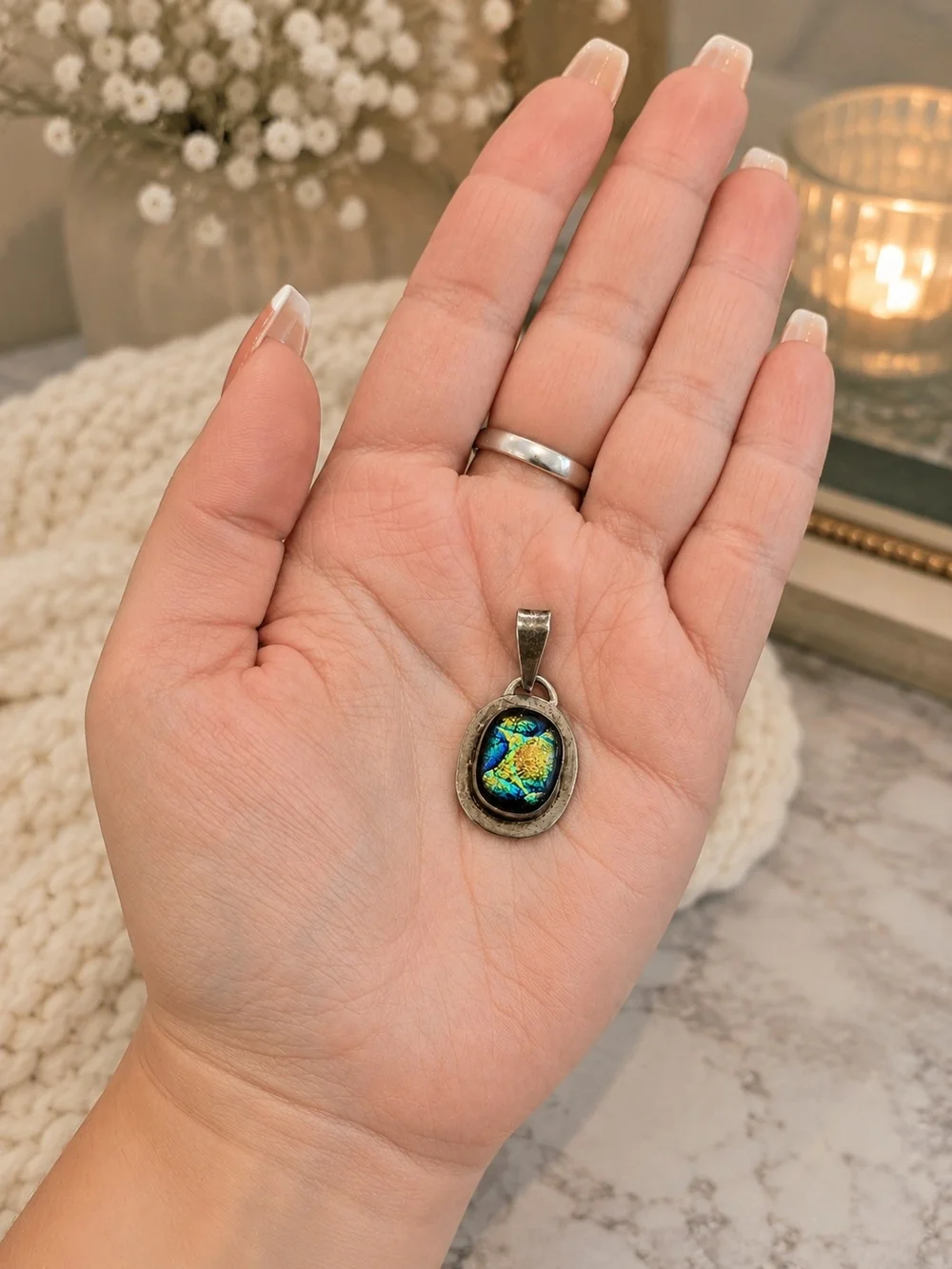 Vintage 925 Sterling Silver Dichroic Glass Pendant Blue Green Gold
